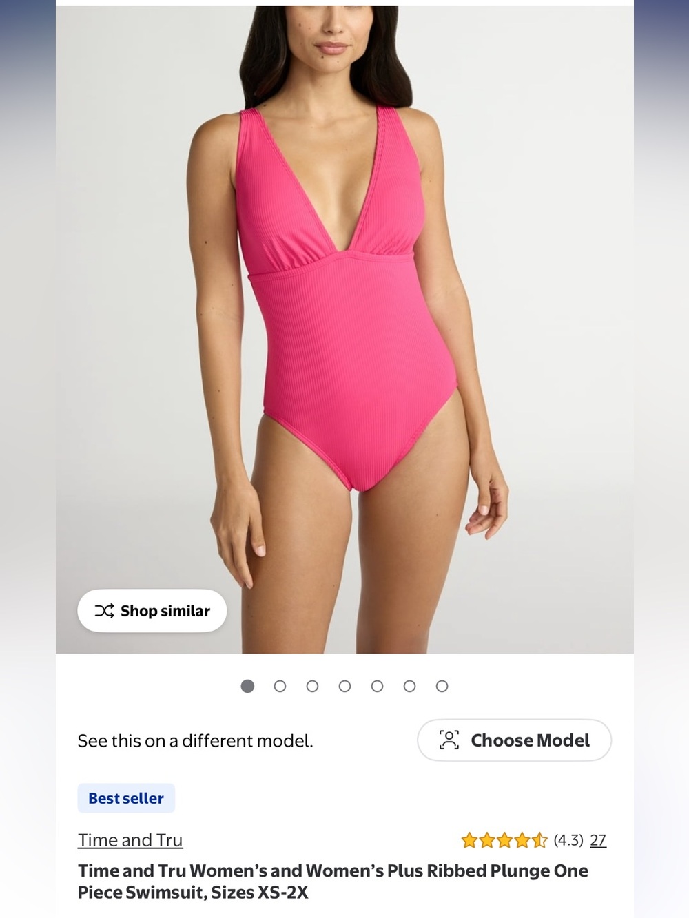 Time and Tru Ribbed Plunge One-Piece Swimsuit - Bright Pink